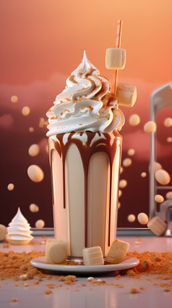 Cup of coffee with whipped cream and marshmallows, 3d illustrationの素材