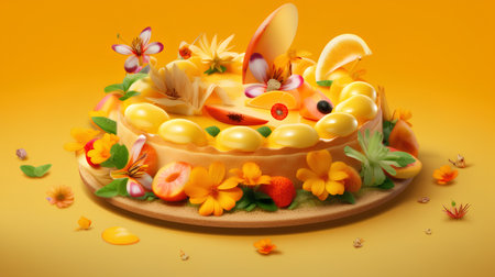 Fruit cake decorated with flowers and fruits on a yellow background. 3d renderingの素材