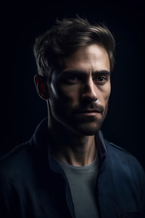 Portrait of a handsome young man on a dark background. Men's beauty, fashion.の素材