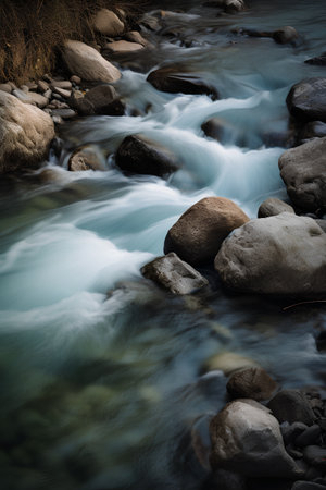 Long exposure of a mountain river flowing through rocks in the forest.の素材