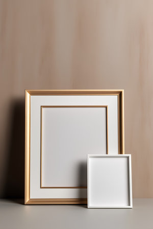 3d render of a golden frame and a white square on a beige backgroundの素材