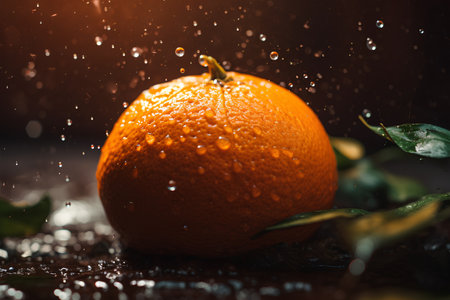 Fresh ripe orange with drops of water on a dark wooden background.の素材