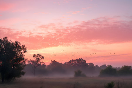 Landscape of foggy meadow at sunrise with trees and birdsの素材