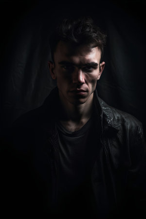 Portrait of a young man in a leather jacket on a dark backgroundの素材