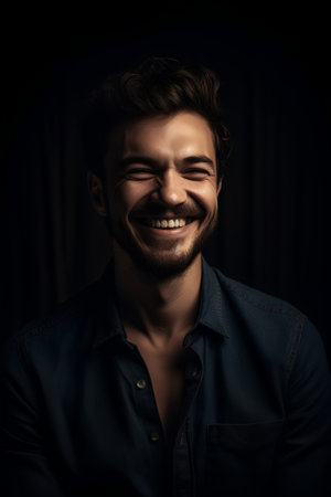 Portrait of a handsome young man laughing on a black background.の素材