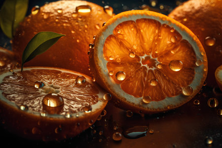 Slices of orange with water drops on a dark background.の素材