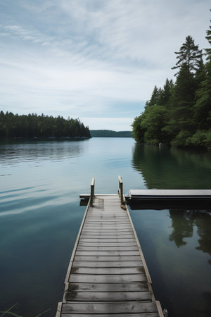 Wooden pier on a lake with a forest in the background.の素材