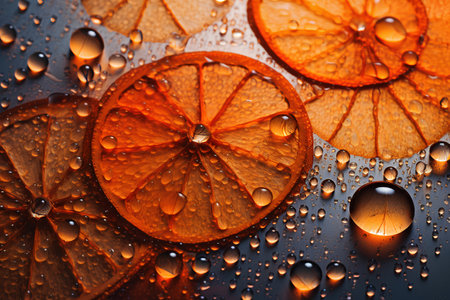 Orange and lemon slices with water drops on dark background. Close-up.の素材