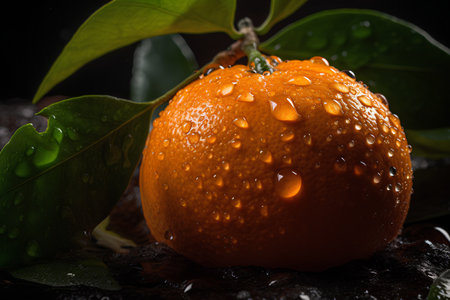 Ripe tangerine with water drops on a black background.の素材