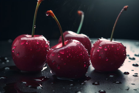Red cherries with drops of water on a black background. Toned.の素材
