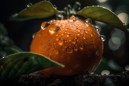 Tangerine with drops of water on a branch with green leavesの素材
