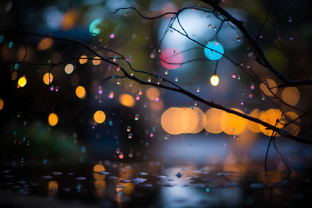 Raindrops on the tree branches and bokeh lights background.の素材