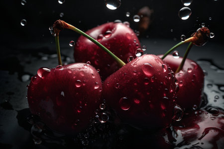 Cherries with water drops on a dark background. Toned.の素材