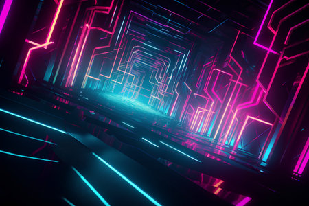 Abstract futuristic tunnel corridor with glowing neon lights. 3D Renderingの素材