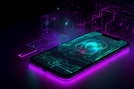 Smartphone with circuit board hologram on dark background. 3d renderingの素材