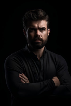 Portrait of a bearded man in a black shirt on a black backgroundの素材