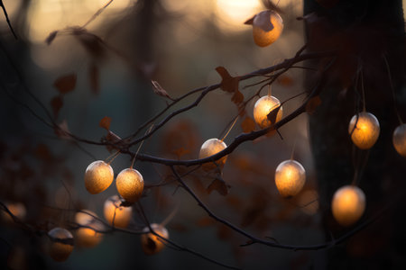 Golden Easter eggs hanging on a tree branch in the forest at sunsetの素材