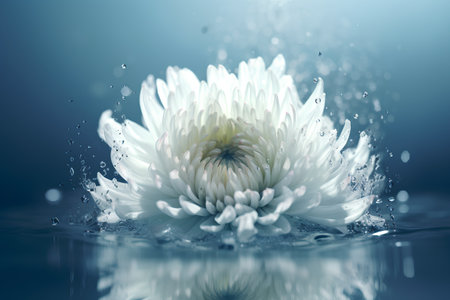 White chrysanthemum on a blue background with water dropsの素材