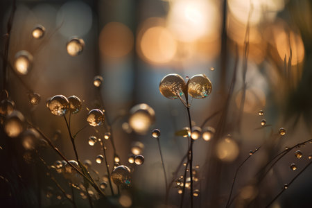 Dew drops on the grass in the rays of the setting sunの素材