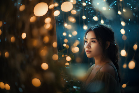 Beautiful asian woman with bokeh lights in the nightの素材
