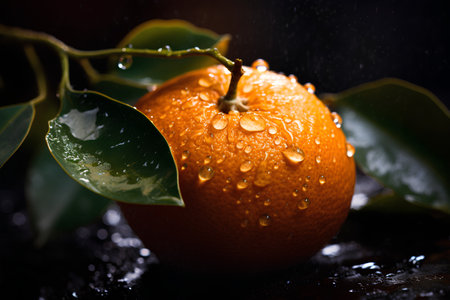 Ripe tangerine with water drops on a black background.の素材