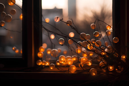 Christmas lights on the windowsill in the evening. Christmas mood.の素材