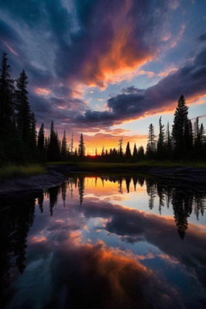 Sunset over a lake in Yellowstone National Park, Wyoming, USAの素材