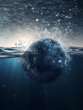 3D illustration of a planet floating in the sea with water splashの素材