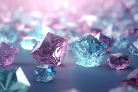 3d render of blue and pink diamonds on a blue background.の素材