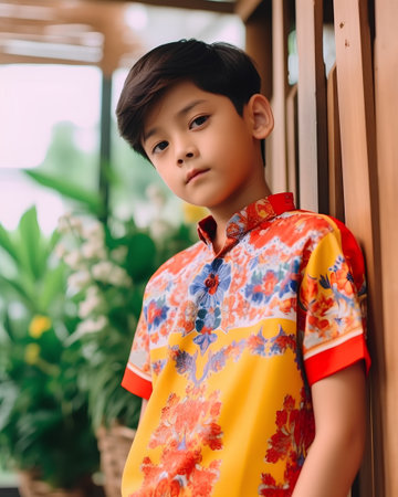 Portrait of a cute asian boy in traditional cheongsamの素材