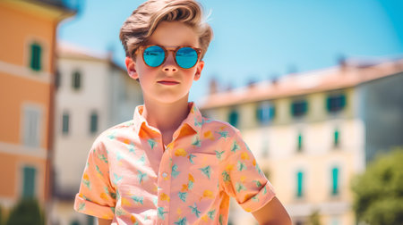 Outdoor portrait of a cute little boy wearing sunglasses on a sunny summer dayの素材