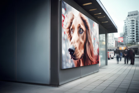 Digital composite of image of dog in front of a bus stop.の素材