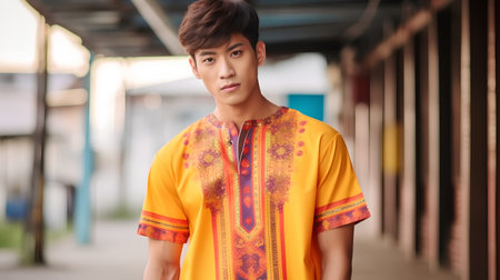 Portrait of a handsome young asian man in colorful clothes.の素材