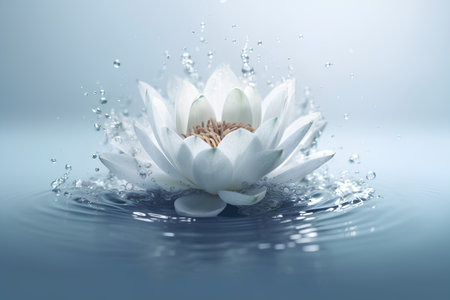 White lotus in water with ripples and splashes on blue backgroundの素材