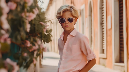 Portrait of a beautiful blonde girl in sunglasses on the street.の素材