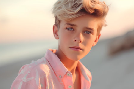 Portrait of a boy in a pink shirt on the beach.の素材