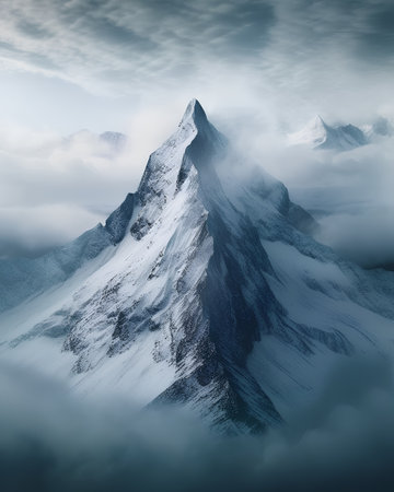 Snowy mountain peak in the clouds. 3D Rendering.の素材