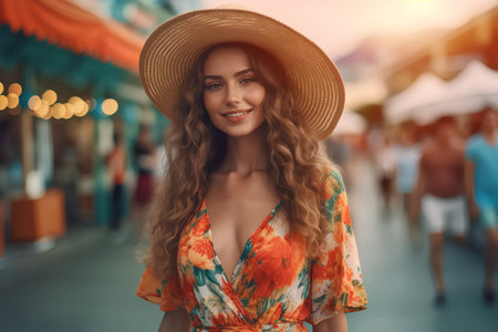 Beautiful young woman in summer dress and straw hat walking in the cityの素材