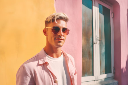 Handsome young man with blond hair in sunglasses on colorful backgroundの素材