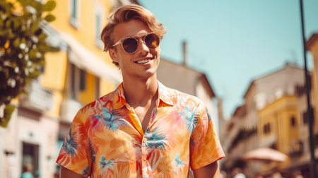Handsome young man in sunglasses walking on a city street.の素材