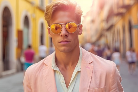 Portrait of a handsome young man in sunglasses. Men's beauty, fashion.の素材