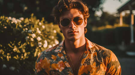 Portrait of a handsome young man with sunglasses and a floral shirt.の素材