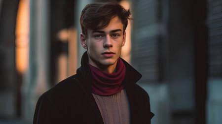 Portrait of a handsome young man in black coat and red scarfの素材