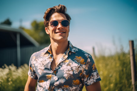 Portrait of a handsome young man in a summer shirt and sunglassesの素材