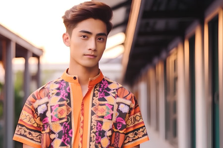 Portrait of a handsome young man in colorful clothes, outdoor.の素材