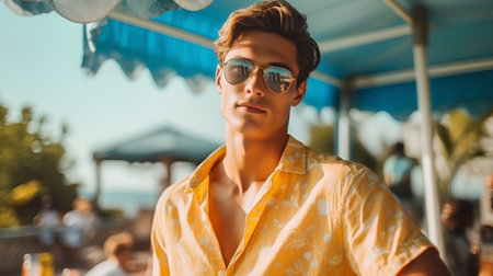 Portrait of handsome young man in sunglasses at the beach bar.の素材