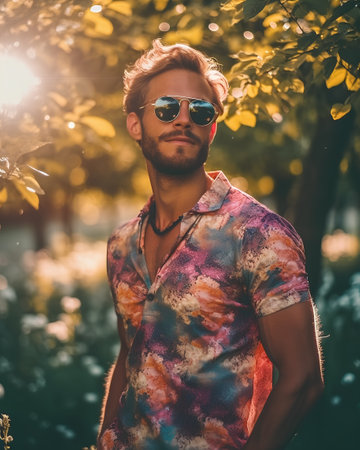 Handsome young man in sunglasses standing in the garden at sunset.の素材