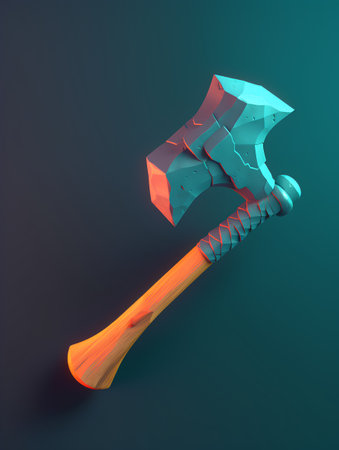 Axe isolated on dark background. 3D rendering of wooden axeの素材