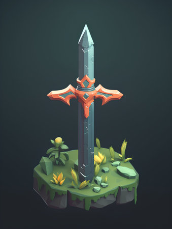 Medieval sword on the ground. 3d isometric vector illustration.の素材
