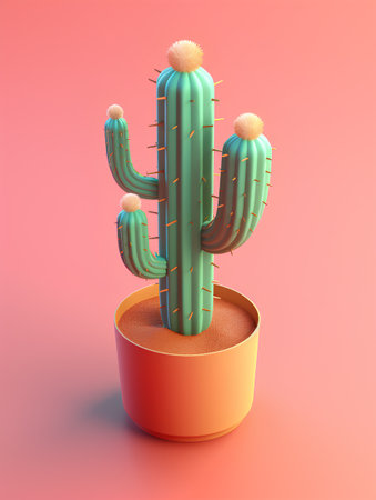 Cactus in pot isolated on pink background. 3d render illustrationの素材